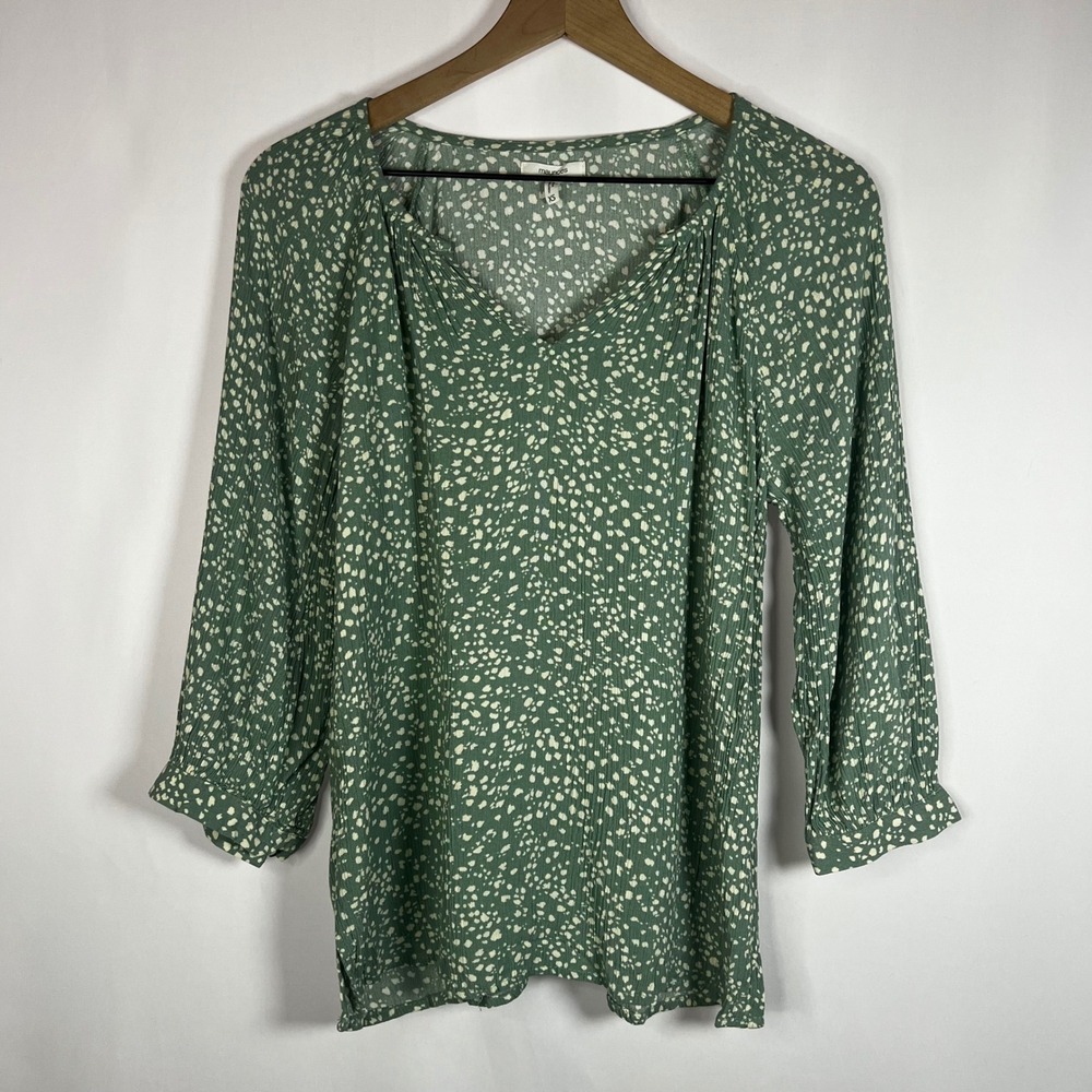 Maurices Shirt Women XS Green White Dot Print V-Neck Smocked Peasant Blouse Boho